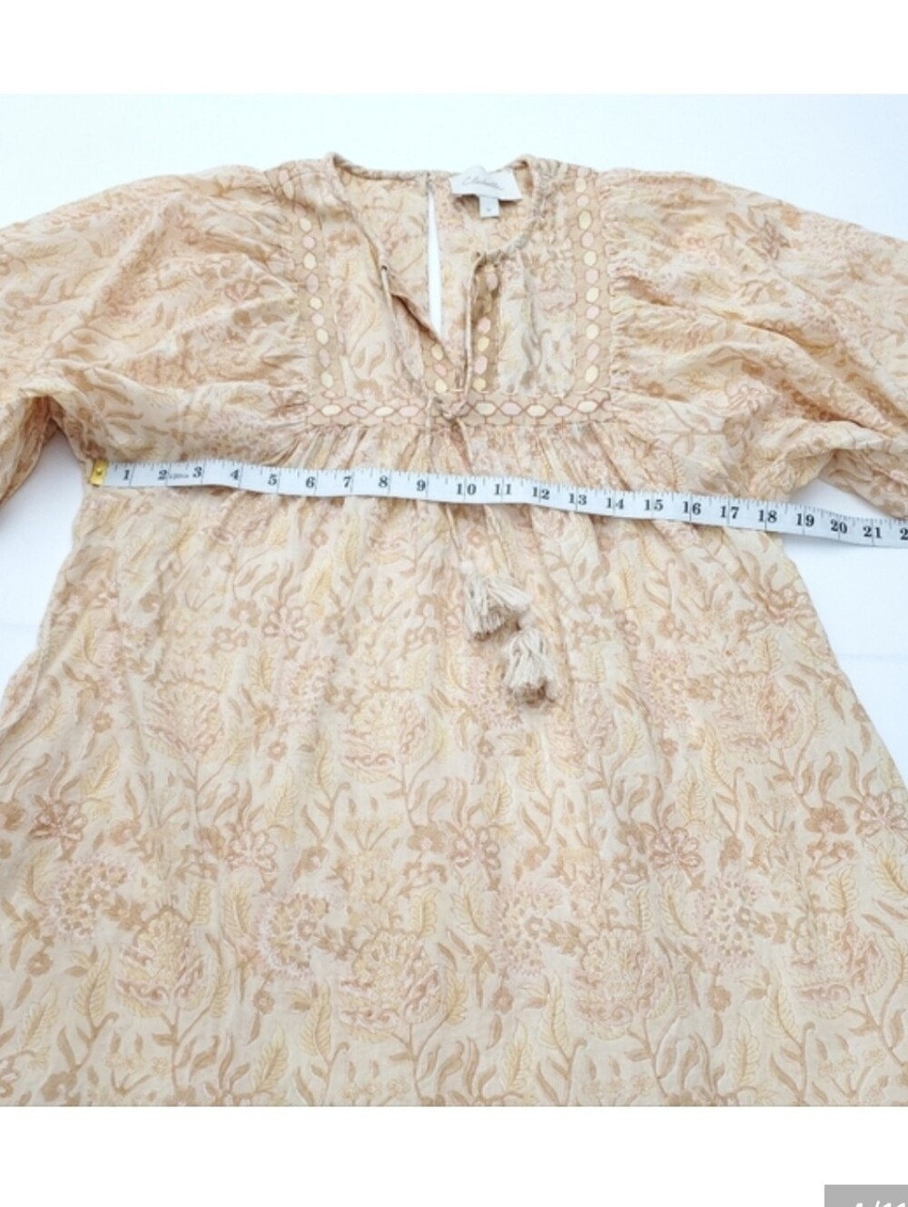 CLEOBELLA Revolve Rosy Mini Dress in Tamil Block Print Tan Boho Organic Cotton M - Picture 5 of 11